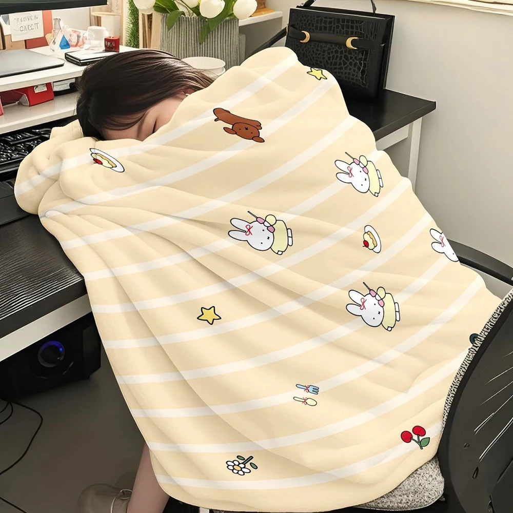 Kawaii Miffy Flannel Blanket Cute Rabbit Throw Air Conditioning Quilt Soft Warm Anti-static Dorm Office Nap Student Girl Gift
