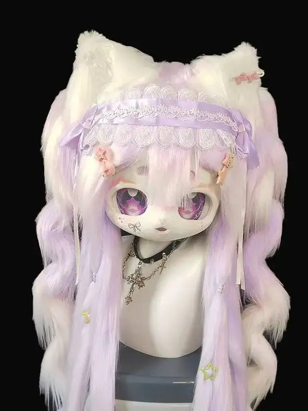 Handmade Kig Fursuit Head, Cute Cat Kemono Mask, Anime Cosplay Full Head, Purple Hair Lolita Furry Costume for Furry Fans