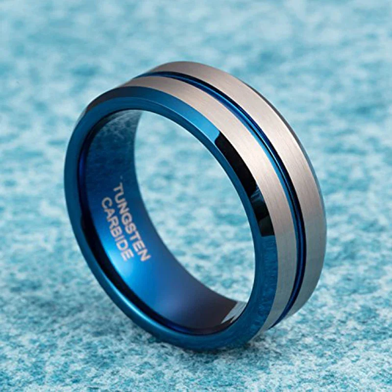 Tigrade Tungsten Carbide Ring Men Women Unisex Silver Color Blue Line Wedding Bands Carbon Fiber Groove Ring Quality Brand