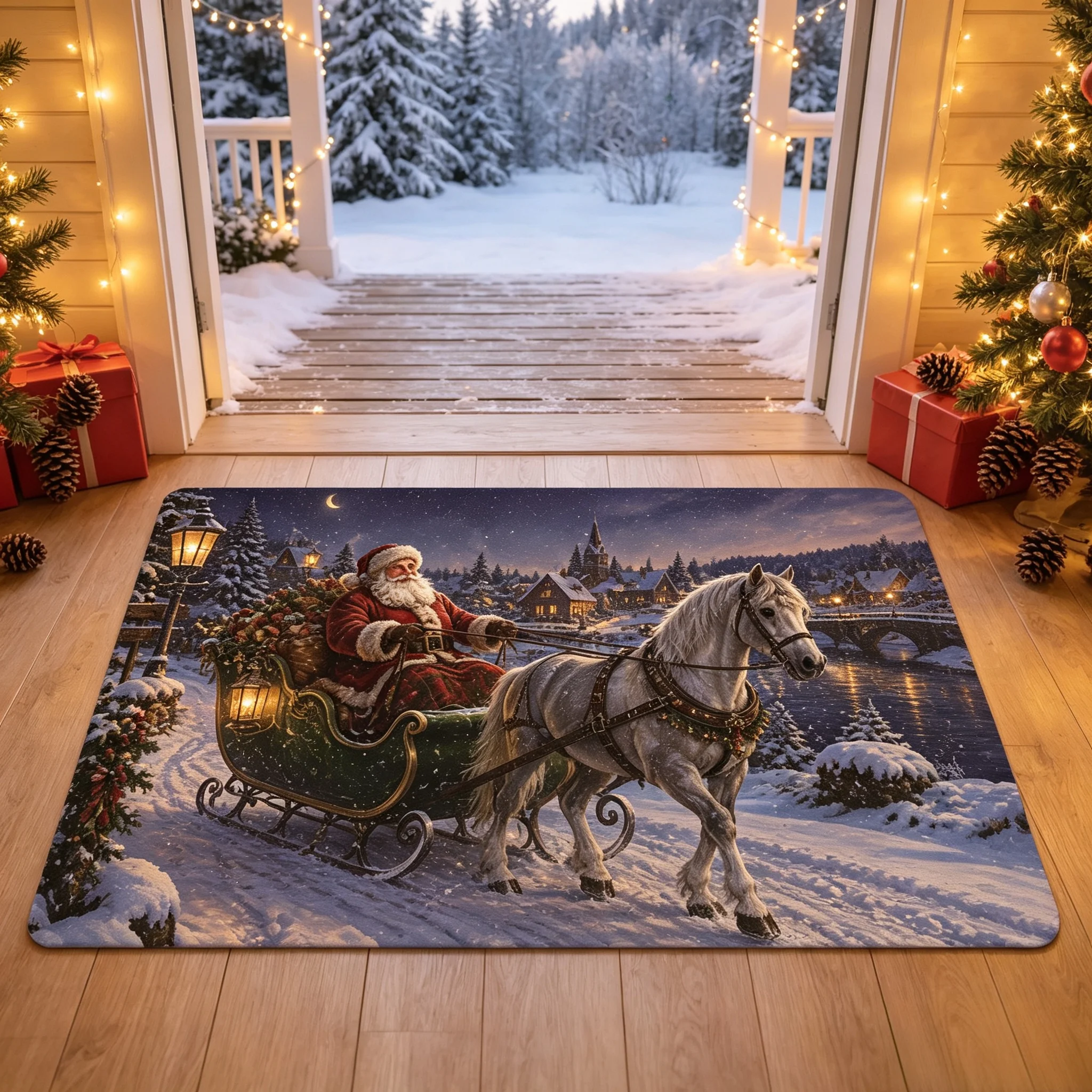 Vintage Santa Horse Sleigh Doormat Snow Village River Scene Floor Rug Hallway Xmas Season Party Accessory