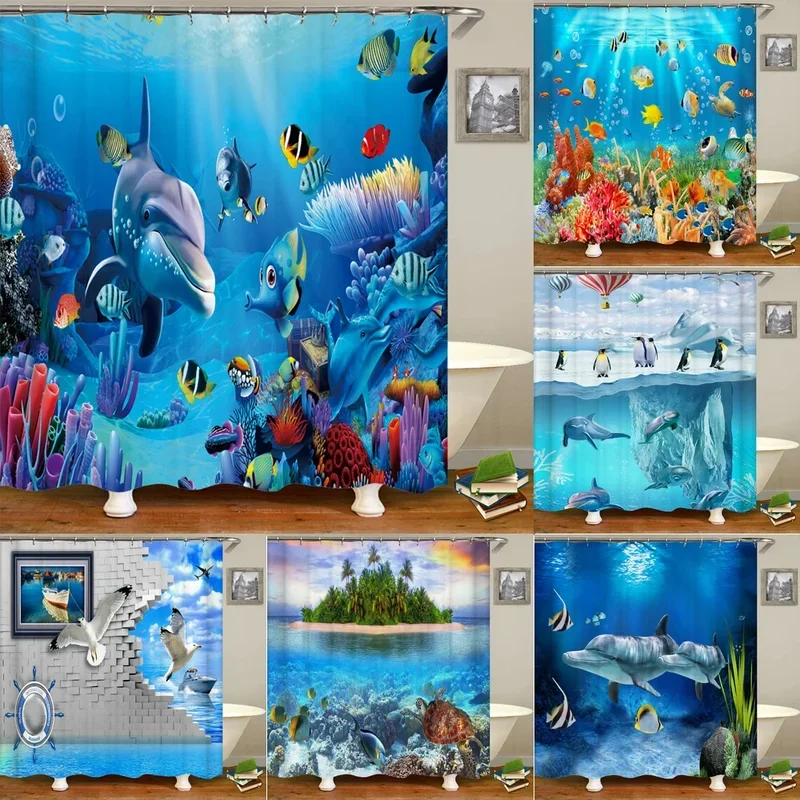 Underwater World Fish Turtle 3d Shower Curtains Ocean Dolphin Sea Scenery Fabric Waterproof Bath Curtain Bathroom Decor Screen