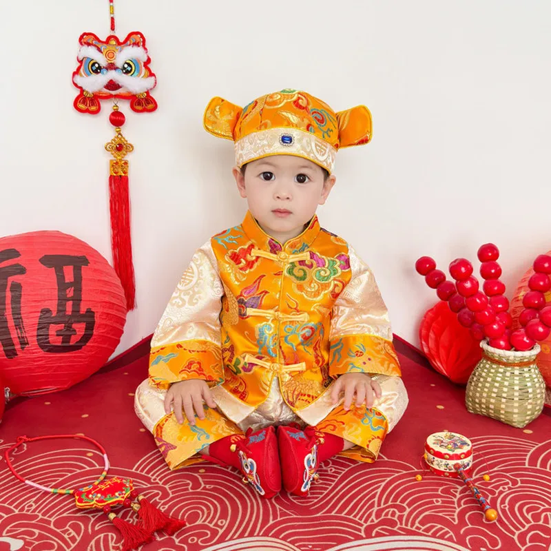 Baby Gift For First Birthday Costumes 9M-3Years Old Spring Boys Chinese Traditional Red Jacket+Pants with Hats 3 pcs Suits