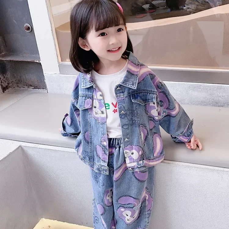 90-140cm Girls Printed Denim Suit Autumn Baby Jacket  Pant 2024 Spring New Cartoon Jeans Baby Girl Baby Two-piece Clothing Set