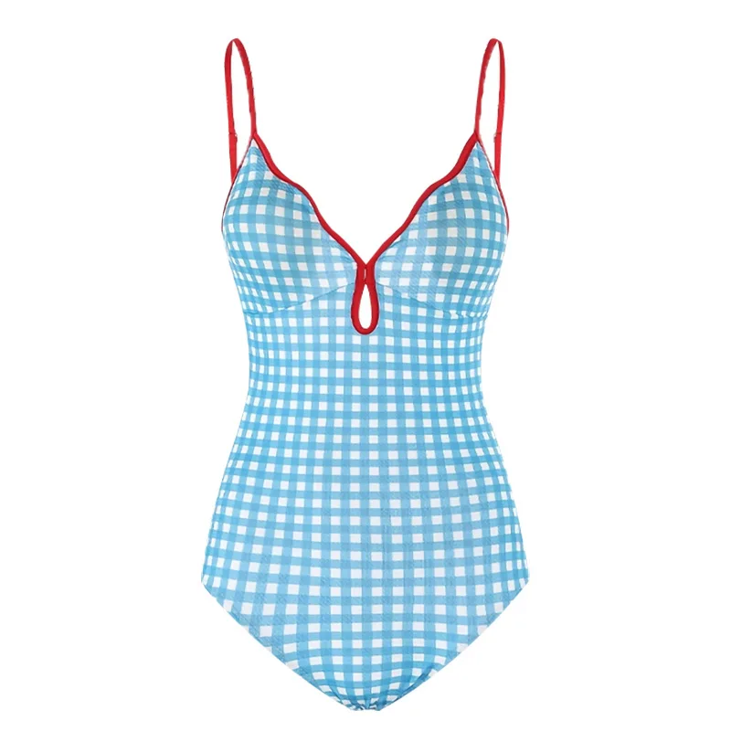 Fresh Loli Girl Ageing Blue Plaid Summer Halter Sexy Backless Skinny Spa One-piece Swimsuit