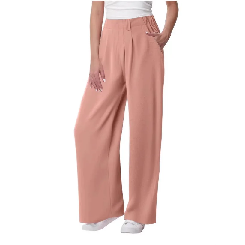 Women's Solid Color Pants with Pocket Elastic Waist Straight Tube Loose Stretch Pants Wide Streetwear Joggers Baggy Long Pants