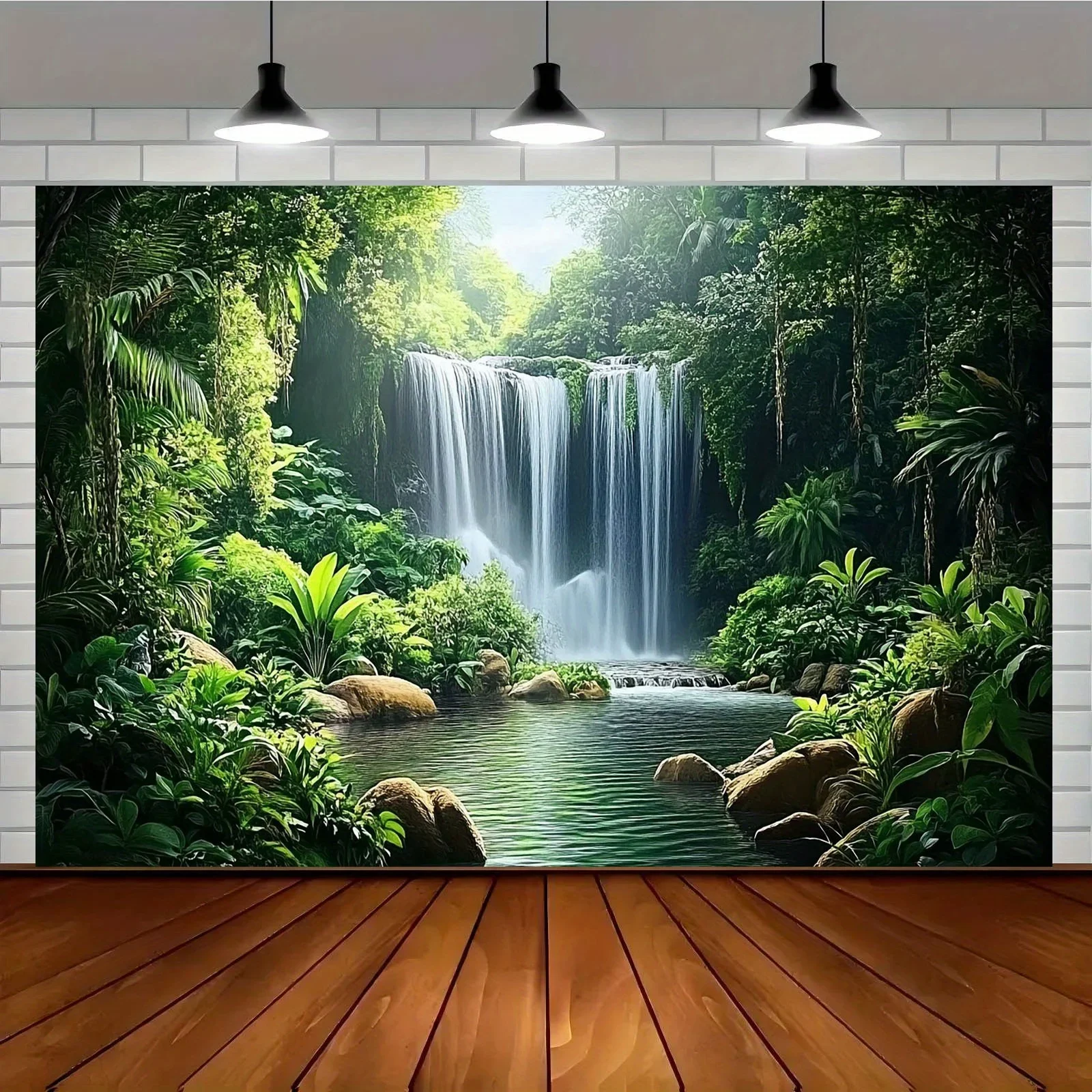 

1 misty jungle waterfall background - Polyester party, featuring lush greenery and a waterfall scene, jungle-themed decoration