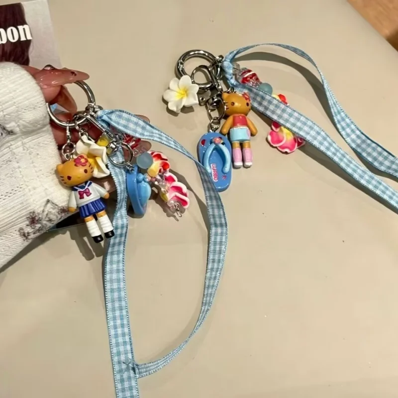 

Sanrio Hello Kitty Island Style Frangipani College Black Skin Kt Mobile Phone Diy Beading Lanyard Keychain Backpack Decoration
