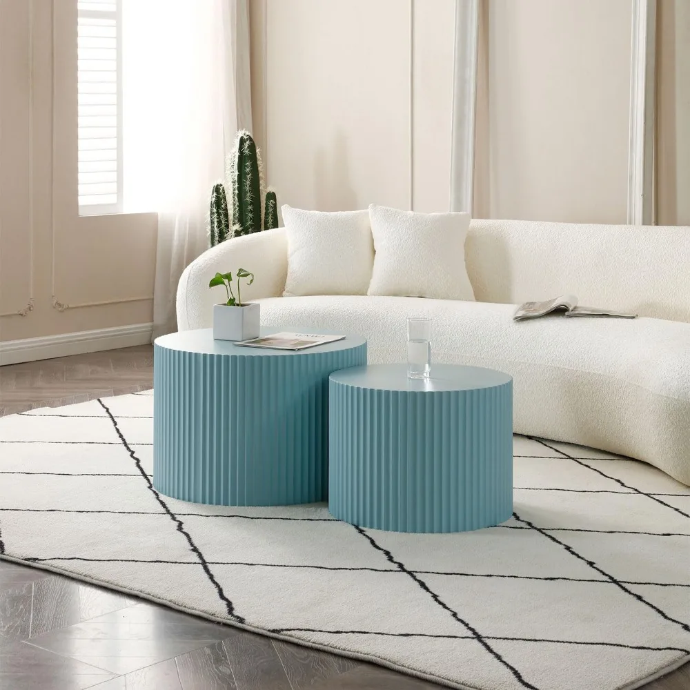 طاولات القهوة المتداخلة المعاصرة، زوج من الطاولات الجانبية الخشبية المستديرة لغرف المعيشة المدمجة - أزرق