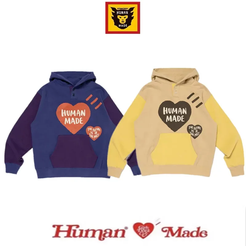 HUMAN MADE COLORBLOCK Hoodie Heart Print Henley Neck Cotton Unisex 26SS