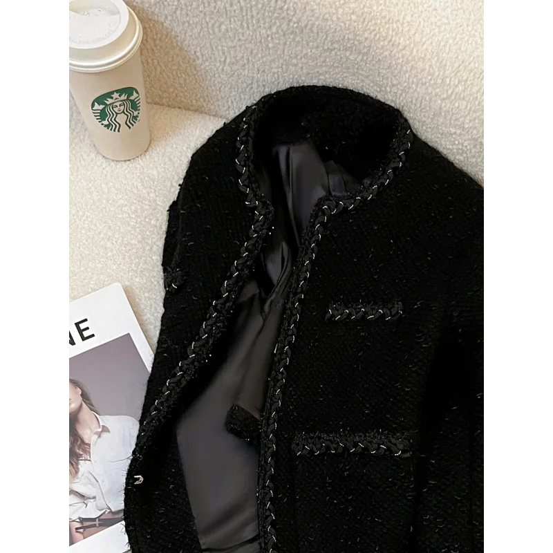 Black French Style Short Coat for Women Autumn Winter Round Neck Long Sleeve Simple Elegant Tweed Office Lady Coat