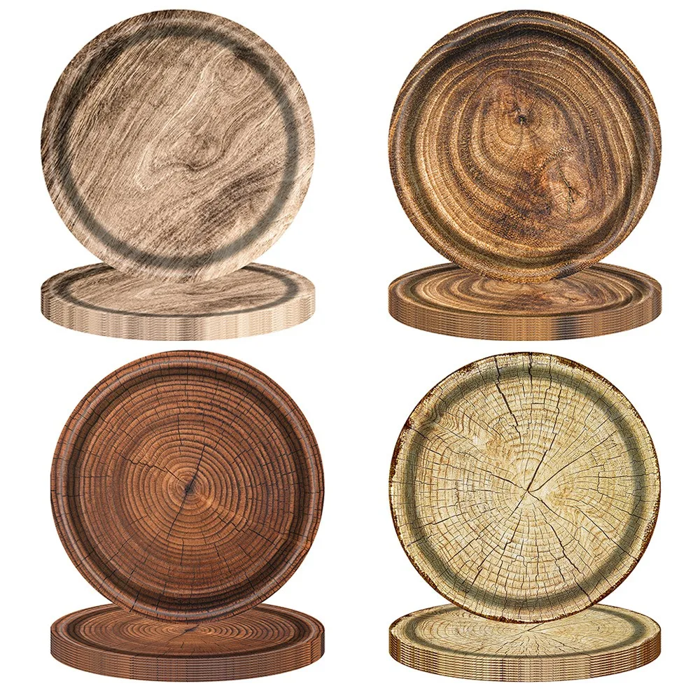 10pcs 7/9-inch Retro Imitation Wood Grain Disposable Plate Paper Tray Birthday Party Holiday Party Decoration Household