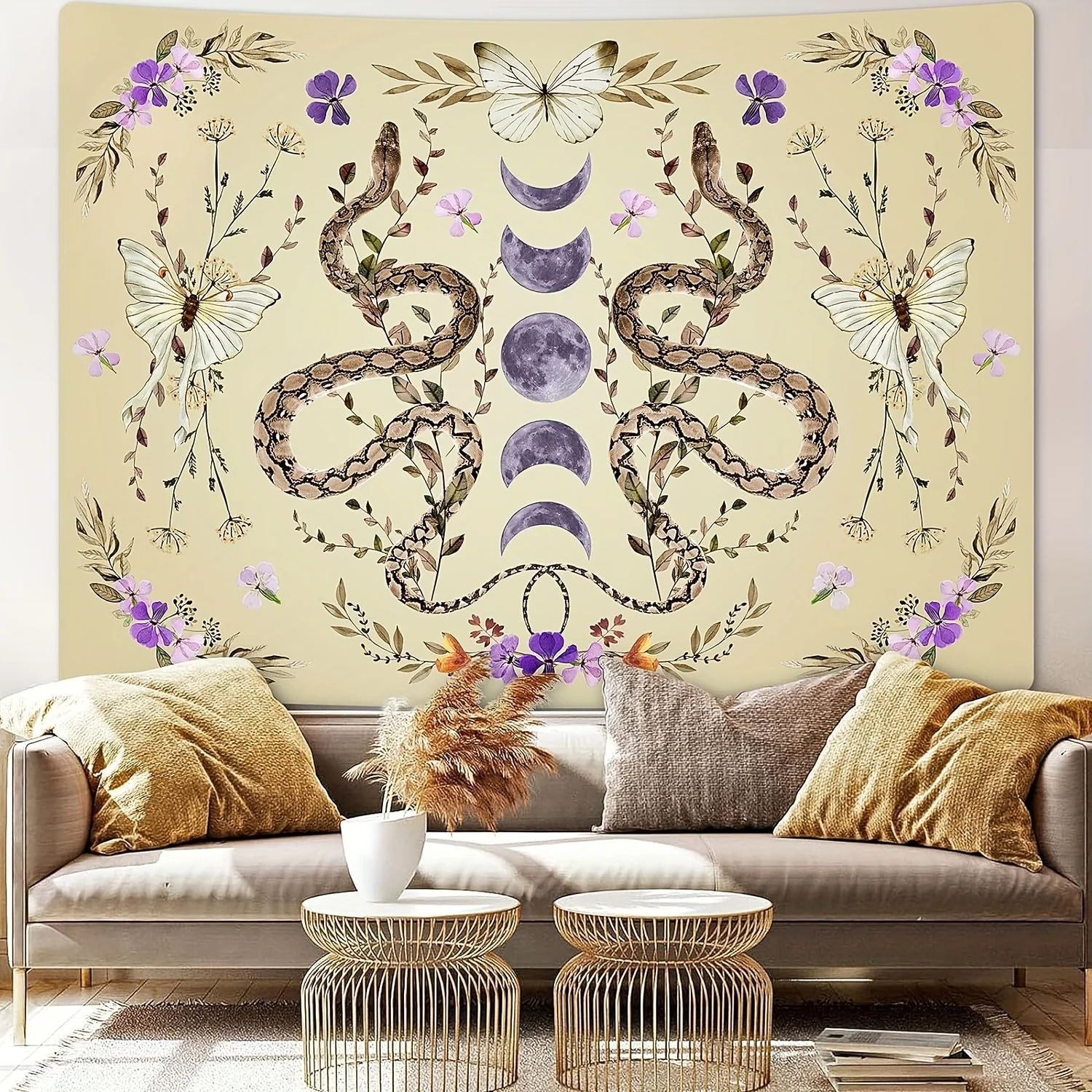 Vibrant Bohemian Floral Snake Mandala Tapestry - Indoor Wall Hanging with Moon Phases, Butterflies, and Mystical Aesthetic