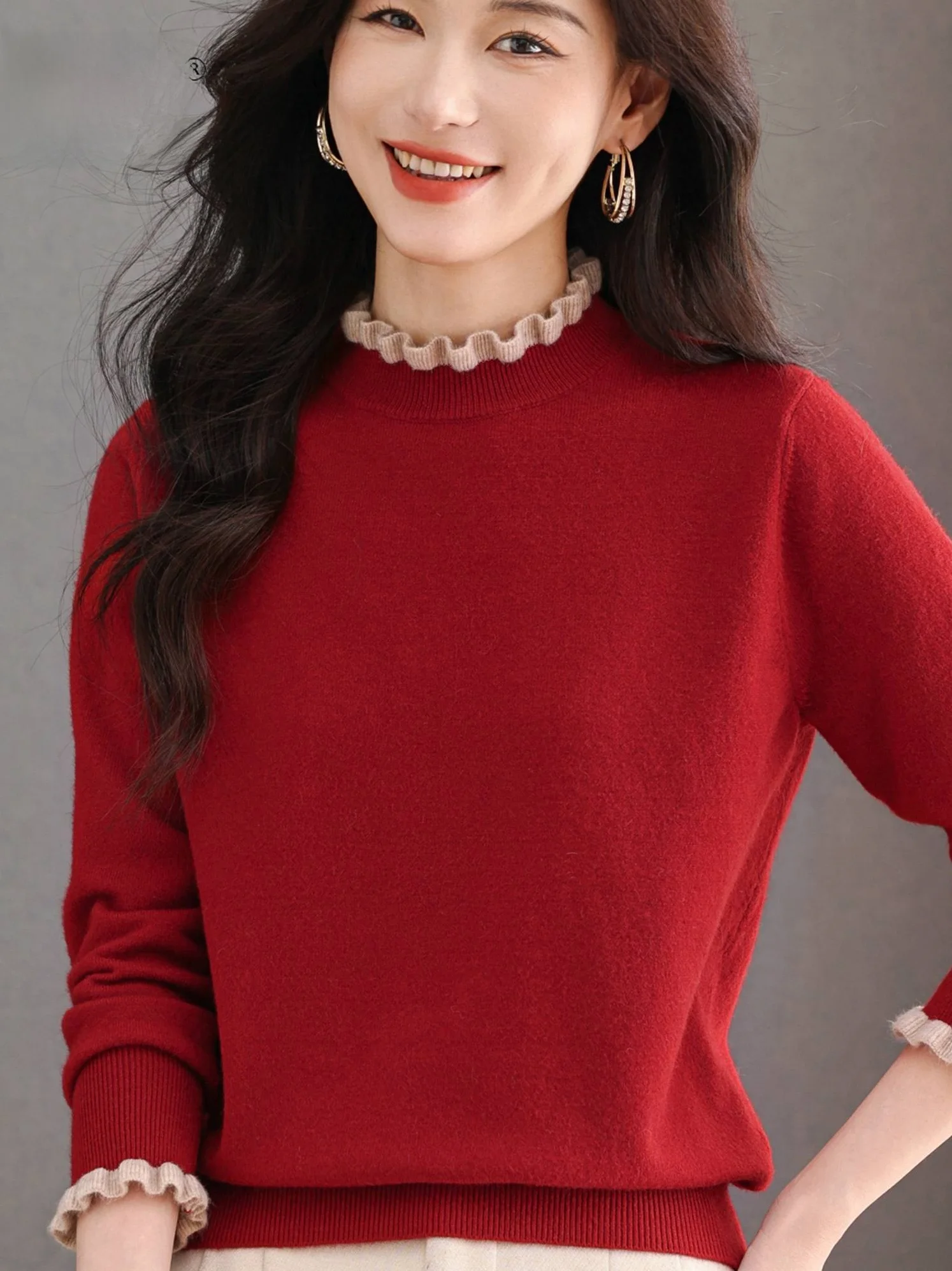 

Slimming Effect Woolen Knitted Sweater with Lace Collar for Women Loose Fit Autumn Winter Faionable Base irt ly Wome...