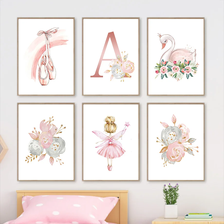 Pink Ballet Shoes Girl Wings Flower Swan Custom  Nursery Wall Art Prints Canvas PaintingPosters Pictures Kids Room Bderoom Decor