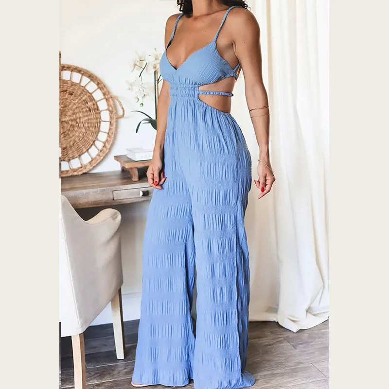 Women Sexy Hollow Wide Legger Sling Jumpsuits Elegant Deep V-neck Sleeveless Overalls Fashion Texture Draped Solid Long Rompers