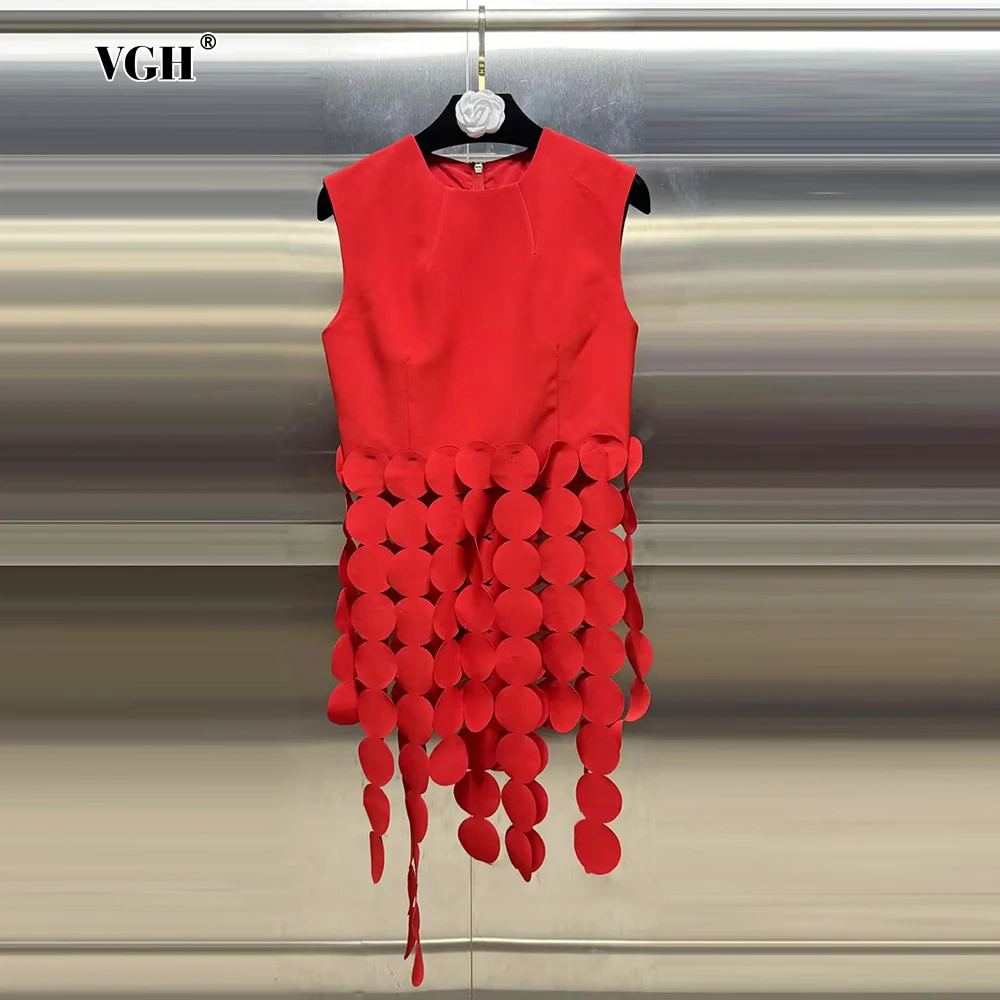 VGH Casual Patchwork Dot Tassle Solid Tank Tops For Women Round Neck Sleeveless Minimalist Slimming Vests Female Fashion Style