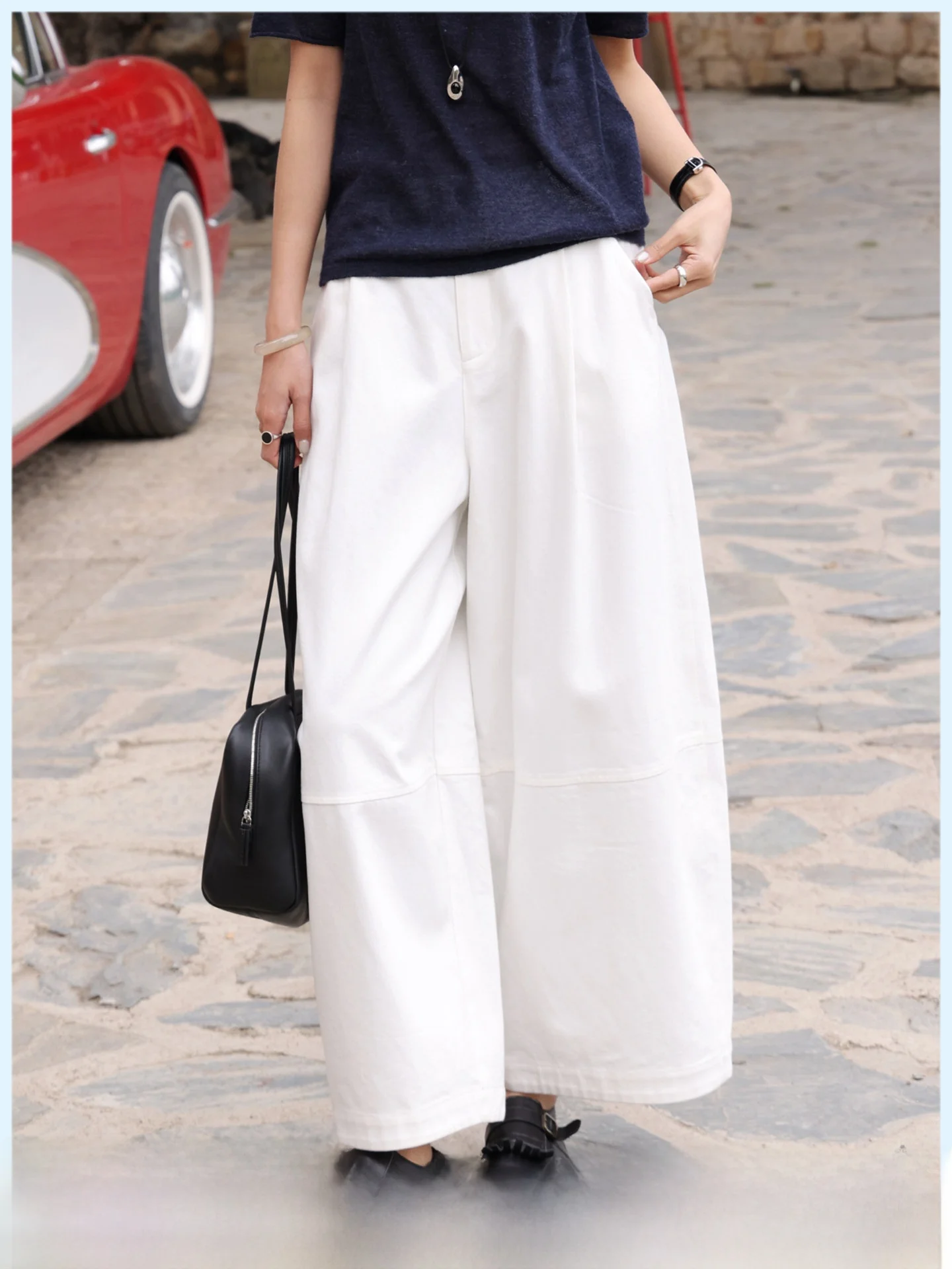 

Casual Loose Wide Leg Pants Women's White Nine Points Cotton Feel Summer New Style Simple Match All Seasons High Waist Trousers