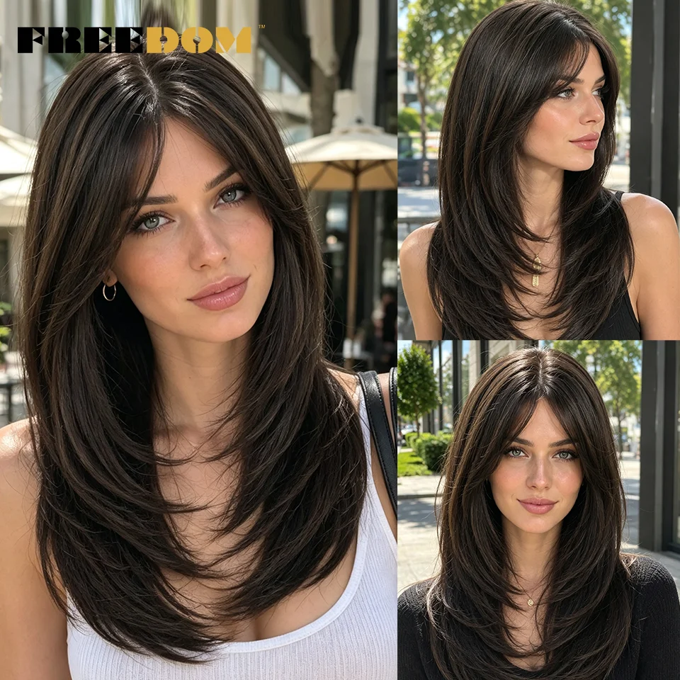 FREEDOM Synthetic Lace Front Wigs For Women 18 Inch Pre Plucked Ombre Brown Highlight Wig With Bangs Middle Part Daily Use Wig