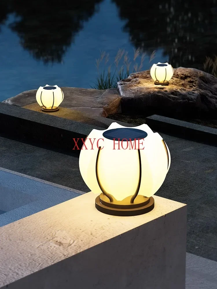 Outdoor impermeável Solar Lotus Pillar Lamp, Lâmpada moderna jardim, Villa Gate Wall