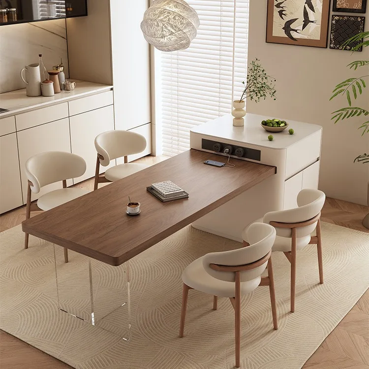 

New walnut color island dining table integrated medium and ancient style suspension retractable household medium and falling tab