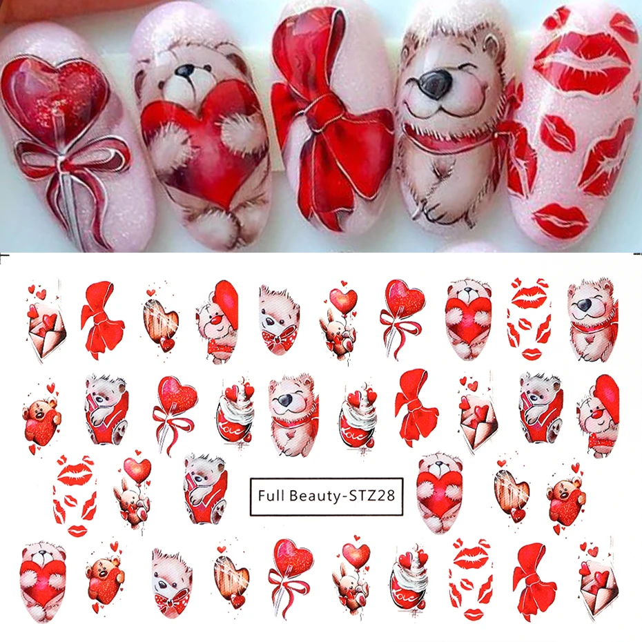 Adesivos de unhas dos namorados amor coração decoração decalques de transferência de água dos desenhos animados bonito urso slider tatuagem design folhas manicure