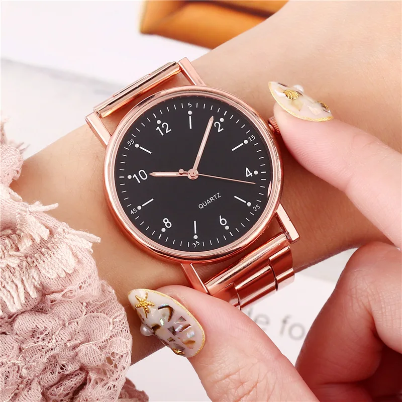 Relojes de acero inoxidable de oro rosa de lujo para mujer, reloj de cuarzo clásico con esfera redonda, relojes de pulsera de negocios para mujer