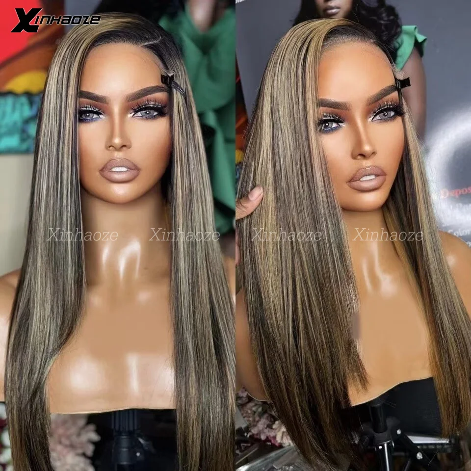 

Glueless Highlight Silk Top Human Hair Wigs Dark Roots Bleach Preplucked Blonde 360 Full Lace Frontal Transparent Swiss Lace Wig