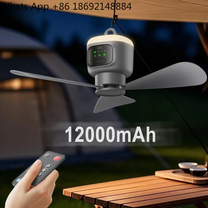 12000mAh Portable Ceiling Fans Outdoor Camping Fan Tent Air Circulator Cooler Rechargeable Electric Fan Remote Control LED Light