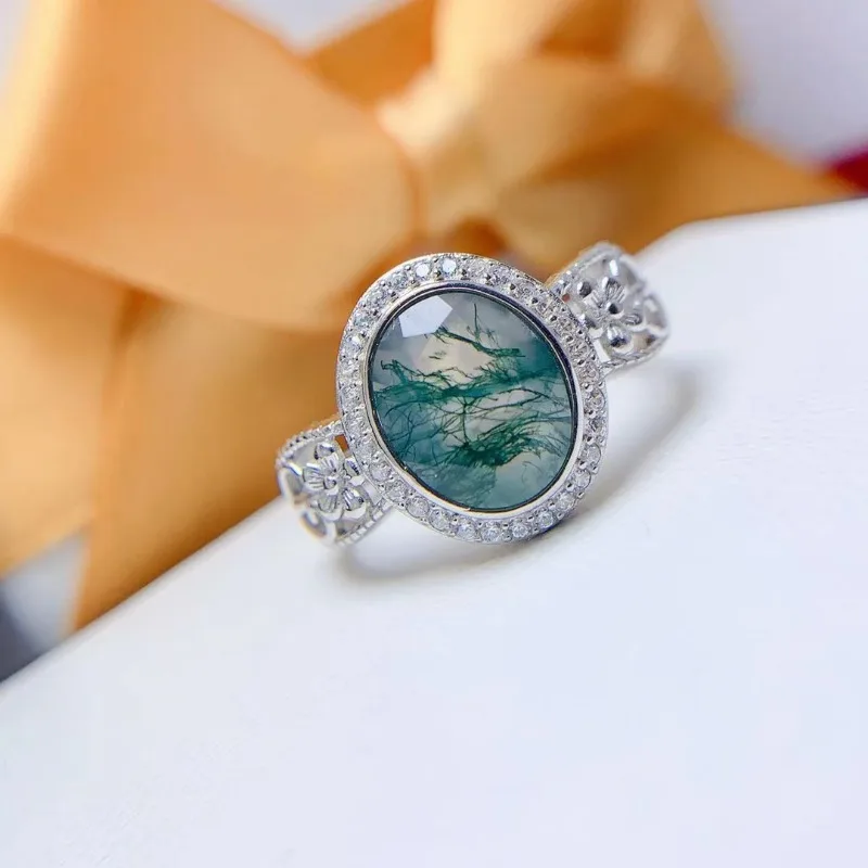 Natural 8*10mm Gold Plated Moss Agate Gemstone 925 Sterling Silver Rings for Women Gold Plated Engagement Wedding Jewelry