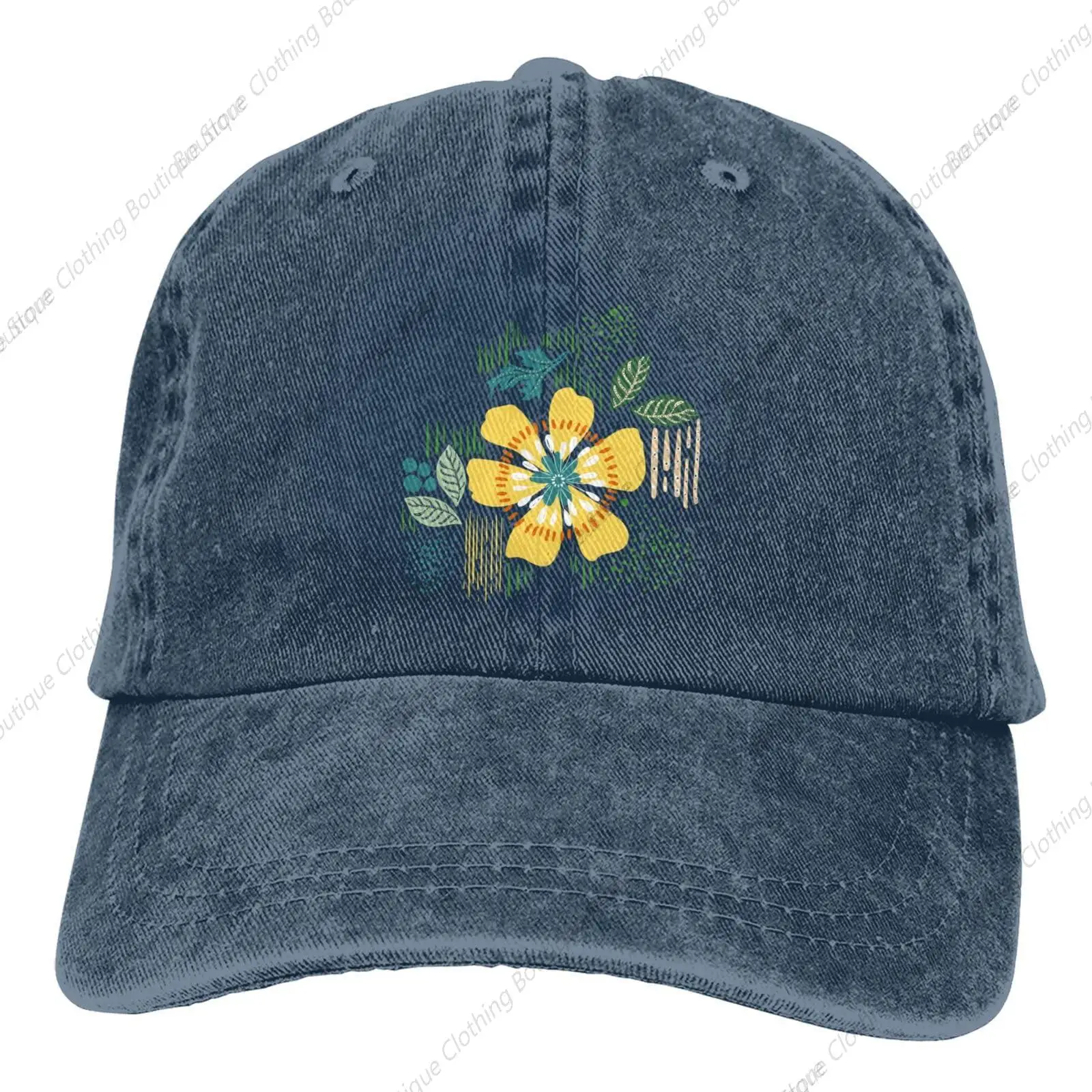 

Bohemian Floral Botanical Pattern Navy Blue Vintage Embossed Adjustable Washed Denim Cotton Low Profile Mens Dad Trucker Hat