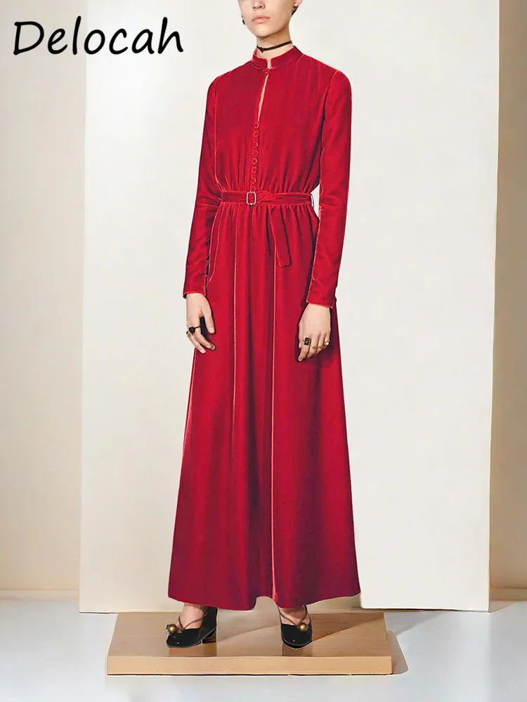 

Delocah High-end Light Luxury Red Canary Dress Female Spring and Autumn Stand Collar Elegent long-sleeved Long Dress