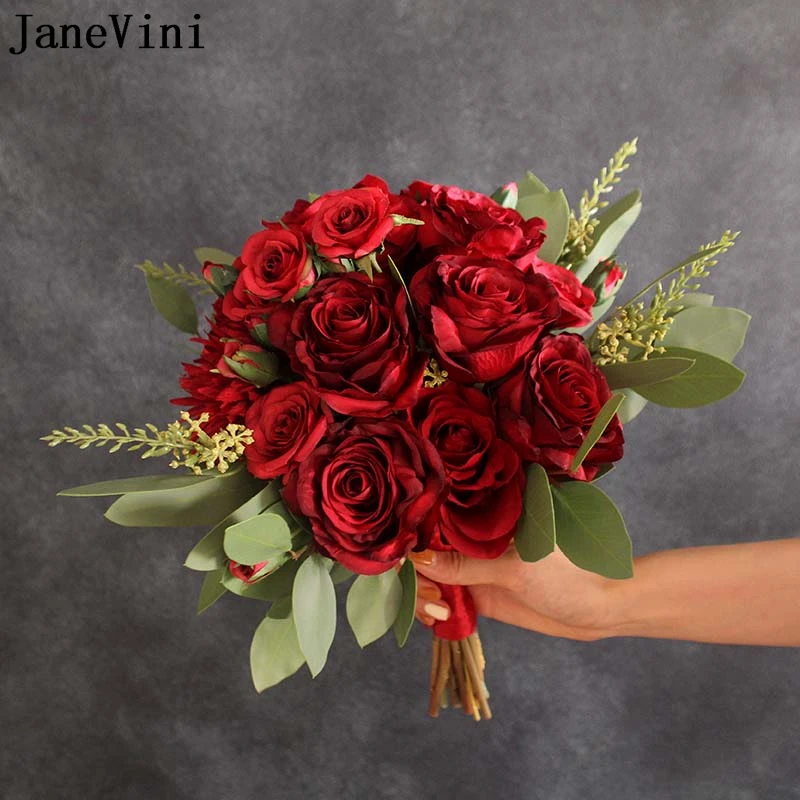 

JaneVini Retro Red Rose Bridal Bouquets Artificial Silk Bride Hand Flowers Vintage Outside Wedding Bouquet Artificielle Mariage