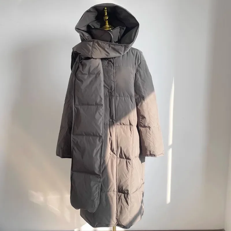 Parka de neige rembourrée en coton chaud pour femme, optique d'hiver, écharpe longue, gris, nouveau, 2025