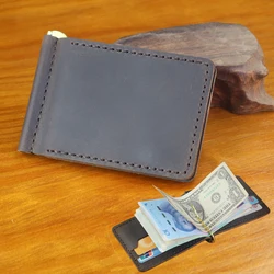 High Quality Handmade Crazy Horse Genuine Leather Money Clips Men Wallet Short Bifold Wallets Small Purse Male Money Bag WF300