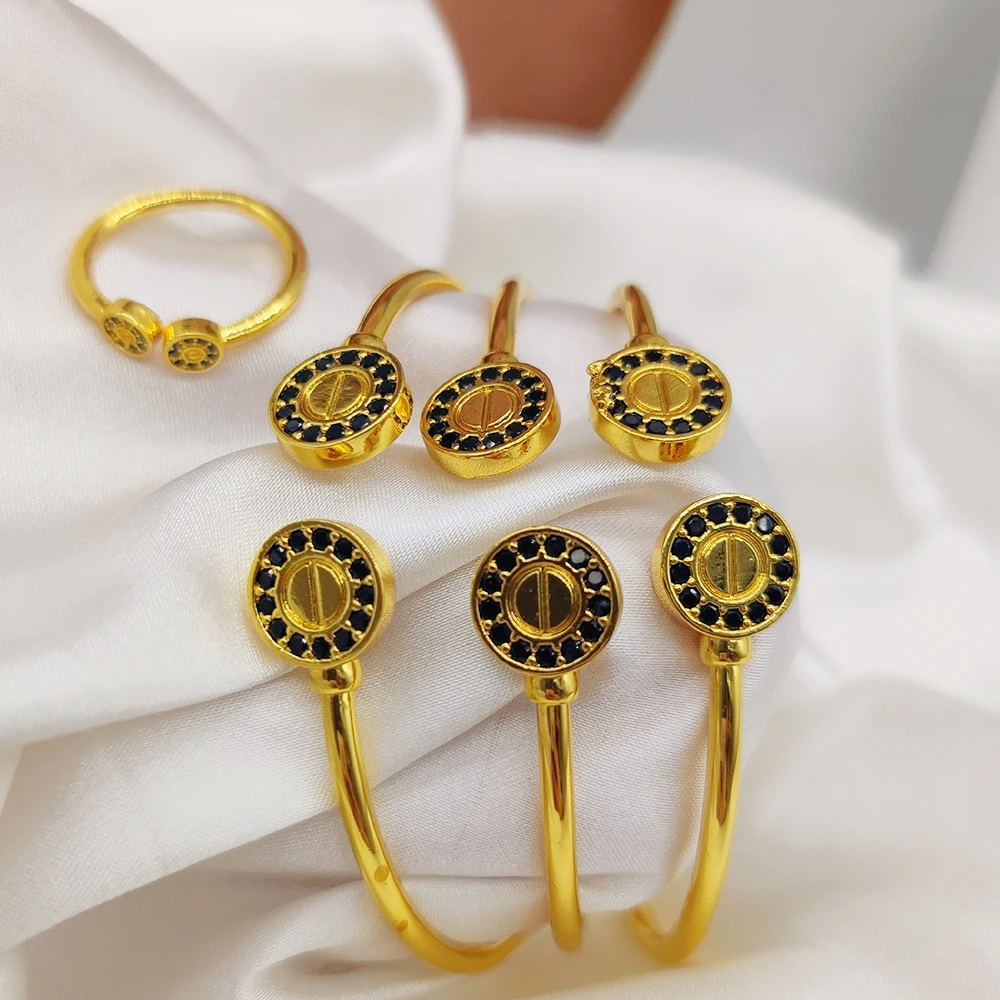 Fashion 3pcs Bangles with Ring Luxury Gold Color Black Zircon Charm Bracelet for Women African Wedding Hand Jewelry Party Gifts image 5
