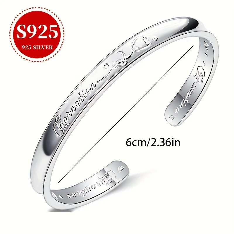 OUYADI Men Women 925 Sterling Silver Adjustable Open‑Cuff Bracelet, Delicate Carnation Carved Daily‑Wear Jewelry Gift