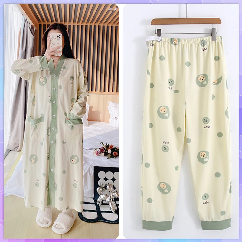 

Women's Cartoon Sleepwear Pajama Sets Long Sleeves Bathrobe Female Nightwear Cotton Shower Robes Night Dress Home Wear Spring