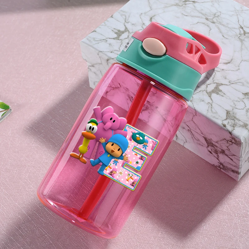 

480ML Pocoyos Series Water Cup with Straws Letter A-Z Drink Bottles Leakproof Cartoon Outdoor Portable Kettle Birthday Gifts