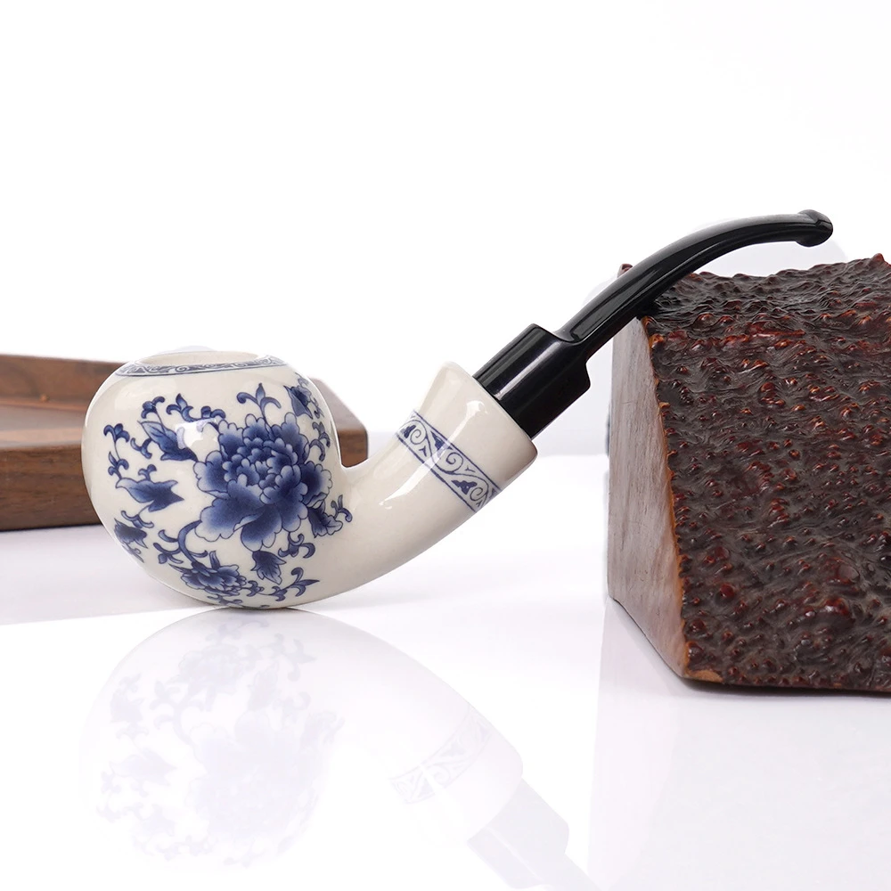 Chinese Ceramic Tobacco Pipe Set, Smoking Pipes, Blue and White Porcelain Decorations, A Set of Smoking Pipes with Pipe Racks