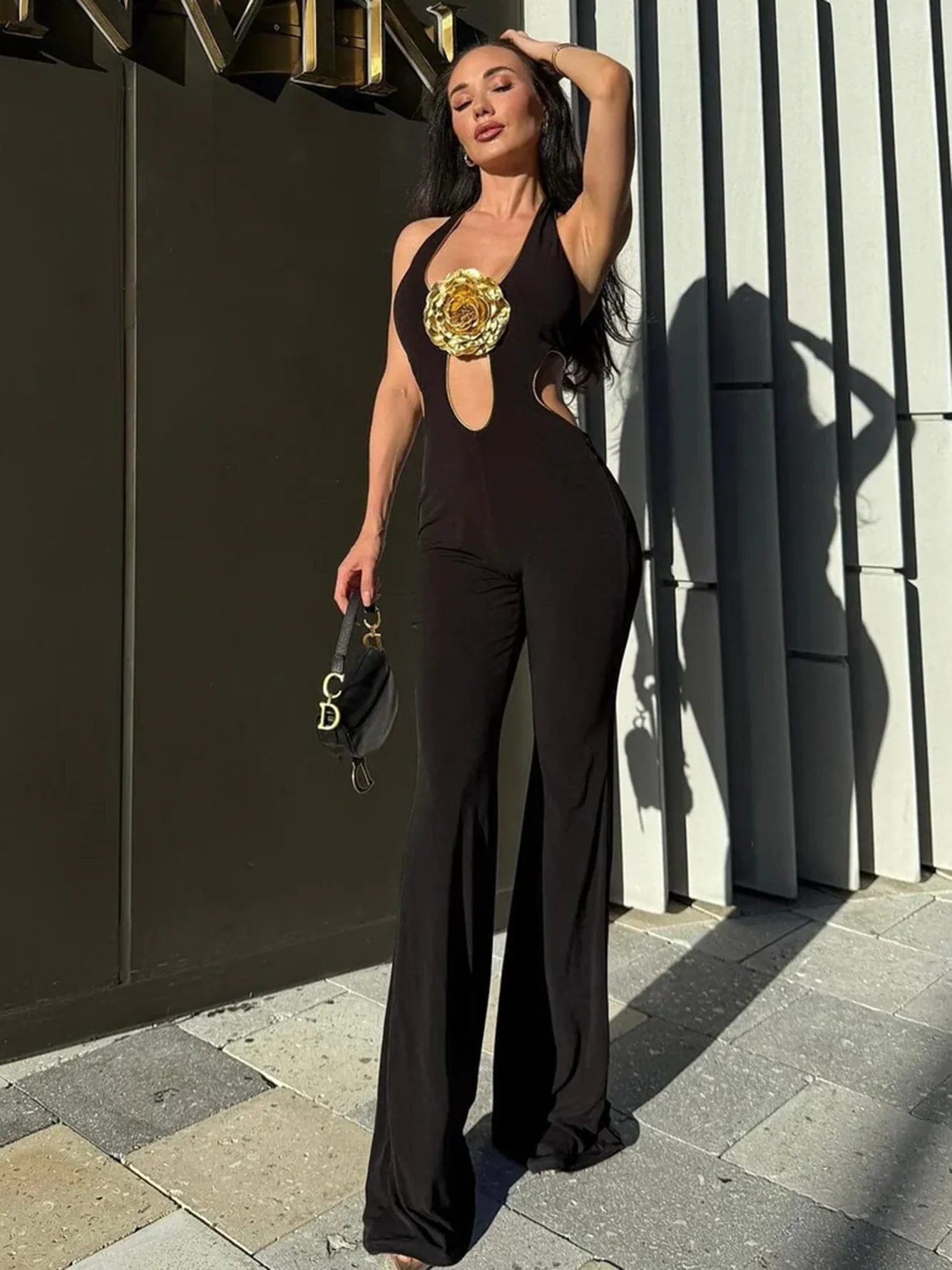 High Quality Women'S Black Jumpsuit Sexy Sleeveless Hanging Neck 3D Flower Hollowed Out Backless Celebrity Party Flare Jumpsuit