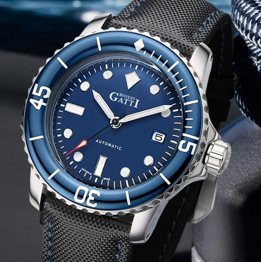 BONEST GATTI Men Automatic Watch 44mm Mechanical Wristwatch Diver 20Bar Waterproof Rotatable Sapphire Mirror Bezel C3 Luminous