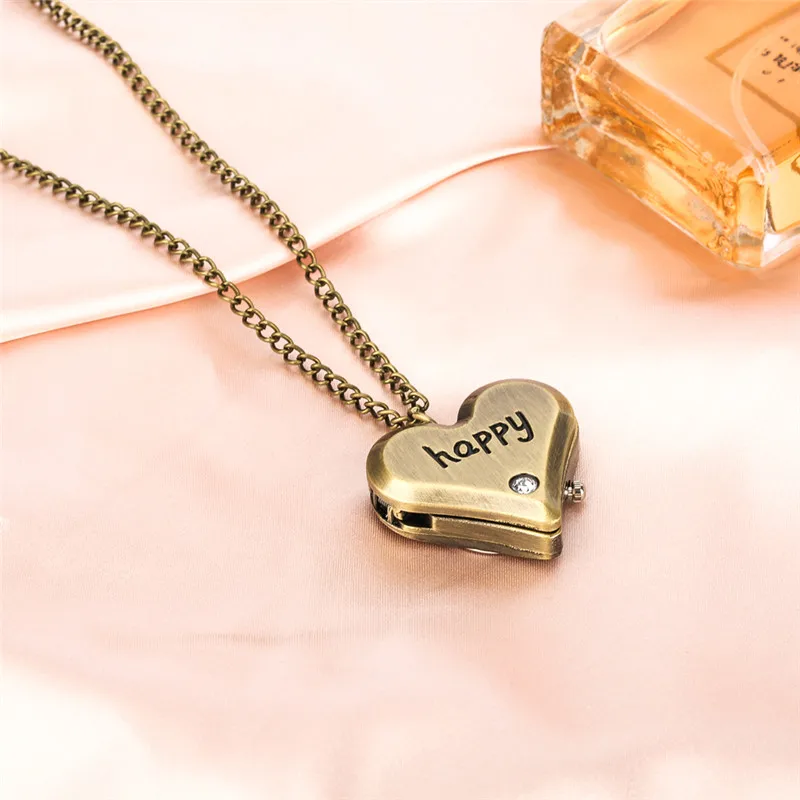 Retro Classical Heart Shape Arabic Number Display Unisex Quartz Analog Pocket Watch Sweater Necklace Chain Small Size Clock