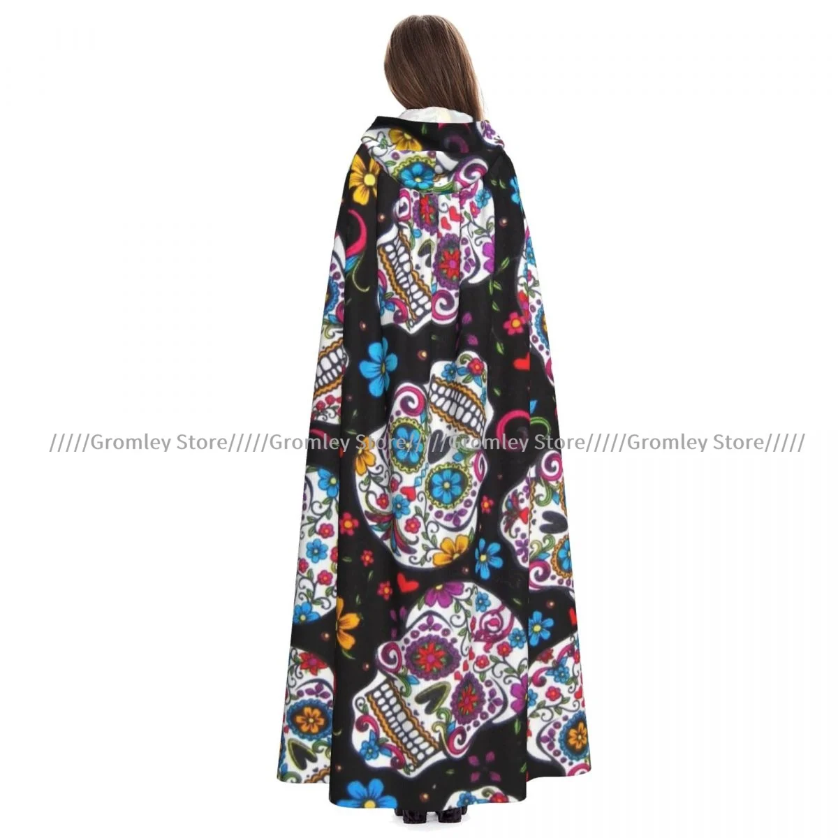 Mexican Skull Pattern Witch Cloak Hooded Cosplay Costume Halloween Adult Long Party Cape