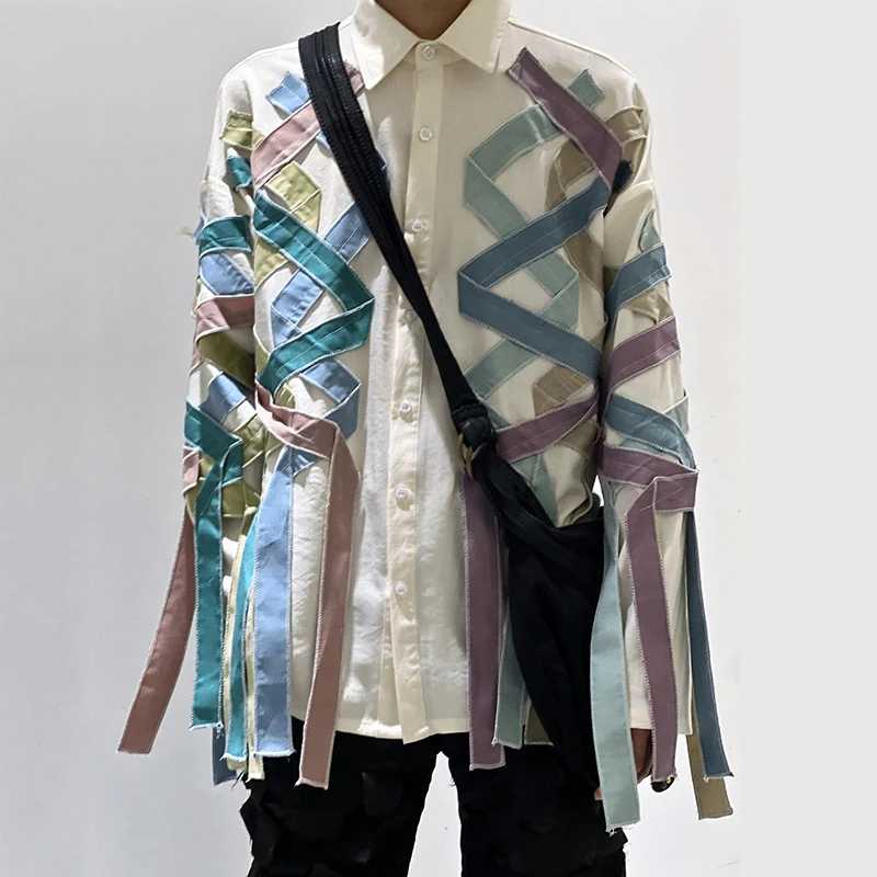 PFHQ Worn-out New Men's Shirts Rainbow Striped Ribbon Design Casual Turn-down Collar Loose Long Sleeved Male Top Fashion 21Z9150