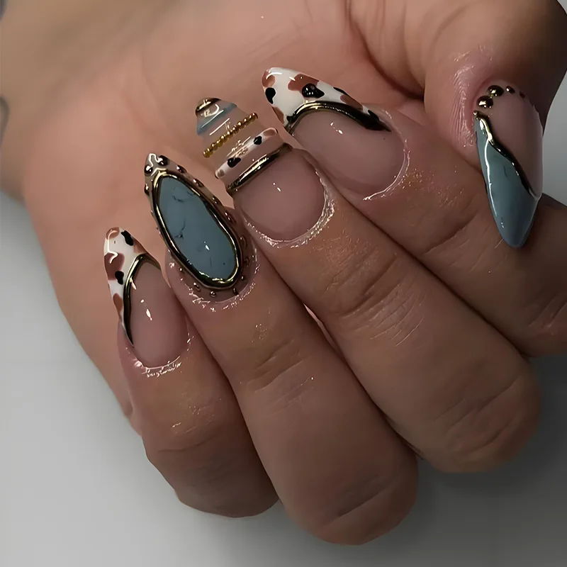 24pcs Press on Nails Blue Inlaid Gemstone Gold Metal Line Fake Nail Gold Metal Line Bead Retro Almond False Nail for Women