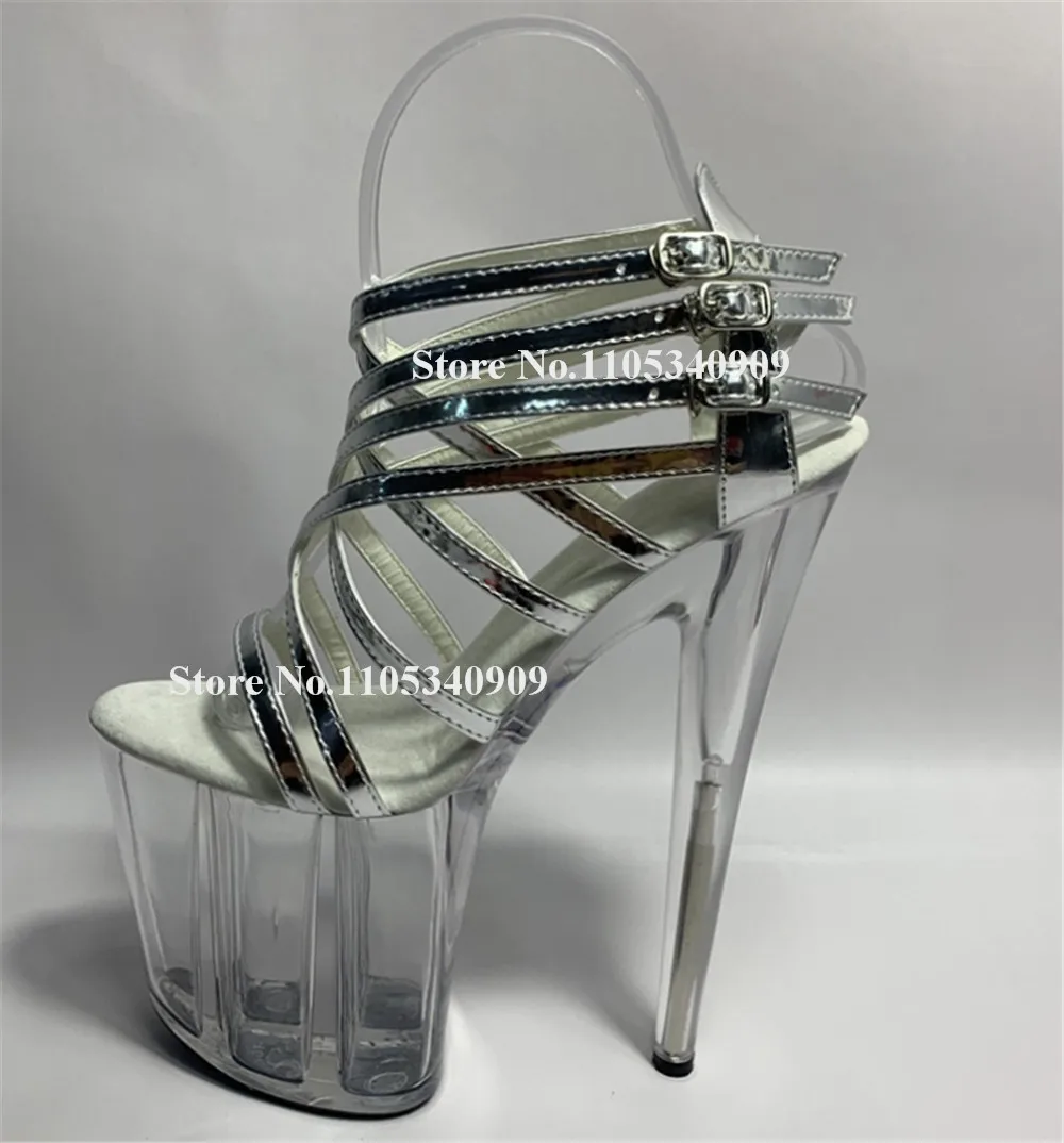 Bondarenko Charming Crystals Stiletto Heel Silver Sandals Open Toe Straps Cross High Clear Platform Thin Heel Dance Shoes