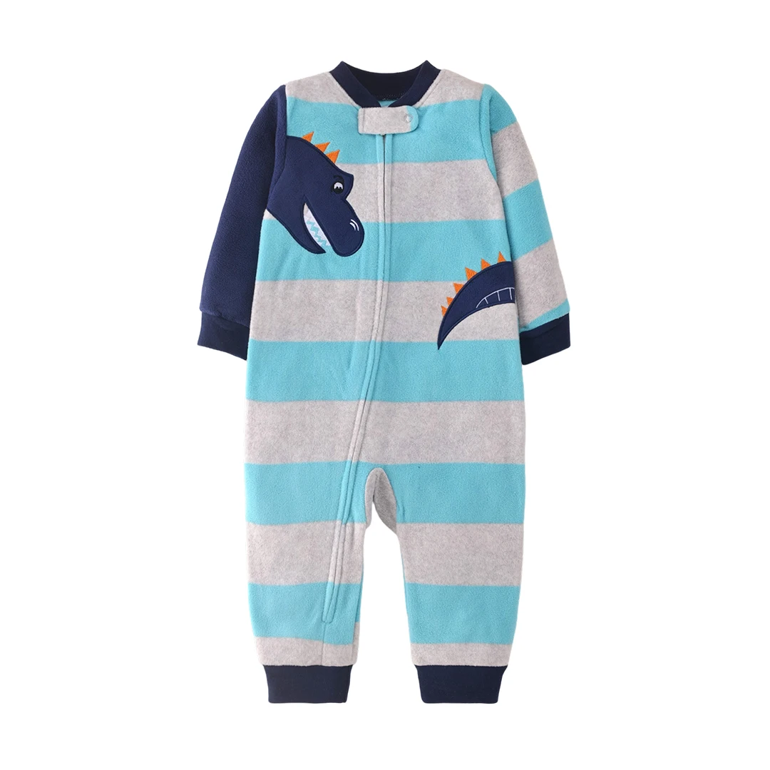 Gestreifter Raglan-Kontrastärmel-Polarfleece-Reißverschluss-Strampler für Kleinkinder, Cartoon-Stickerei, Warmer Herbst-Winter-Baby-Overall 12-24M – Detail 3