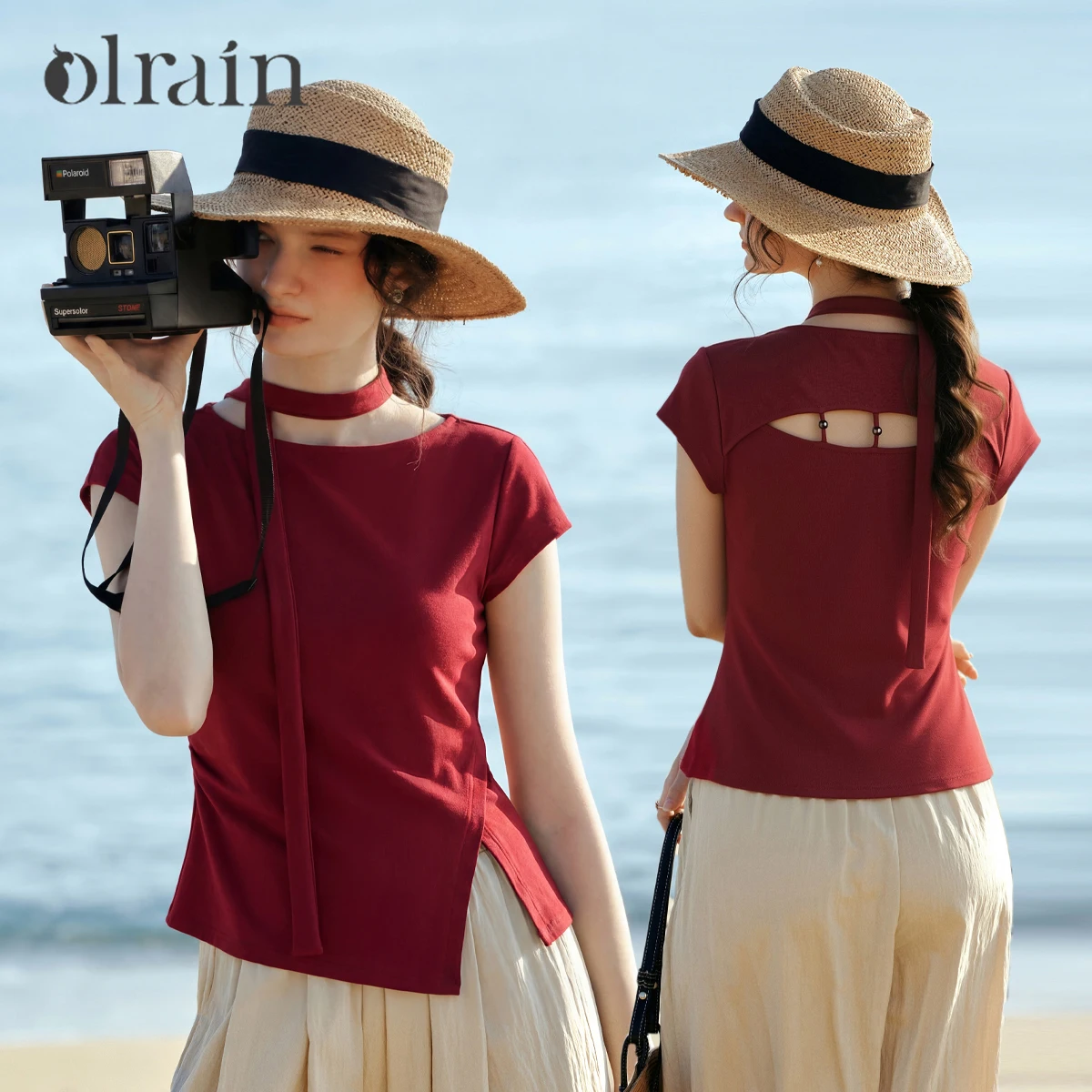 OLrain Elegant Beaded Hollow Out Back Short Sleeve Top Women 2026 Summer Casual Side Slit Design Solid Slim T-shirt O58XT005816
