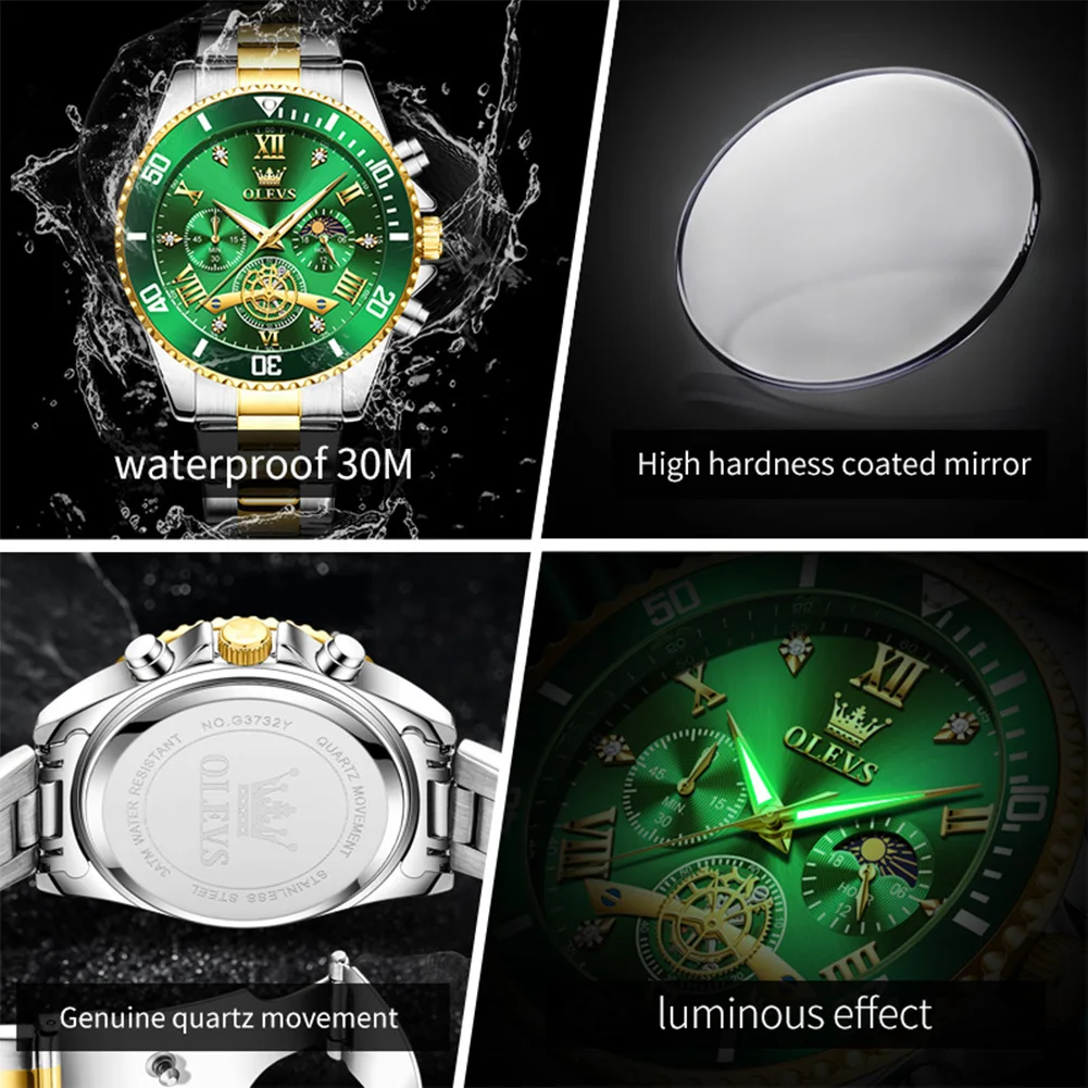 OLEVS New Quartz Watches for Man Stainless Steel Moon Phase Diving Series Flywheel Design Chronograph Luxury Men's Watches 3732 view 4
