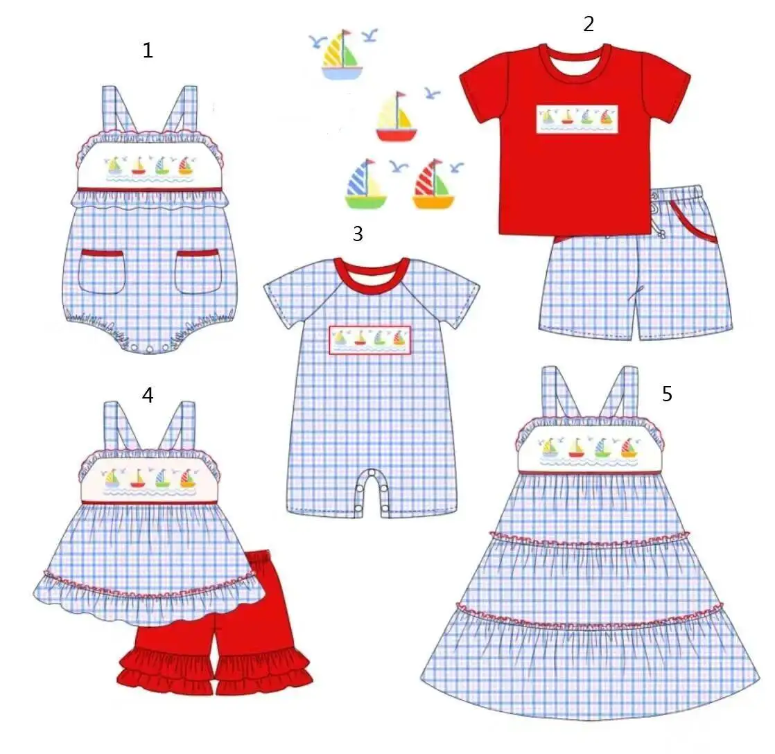 

New boutique children's set suspenders sailing print shorts lace girls boys plaid shorts set baby jumpsuit dress clothing